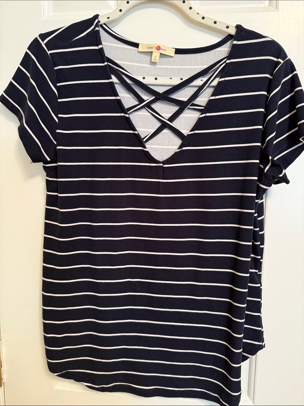 Black and White Striped Tee with Unique Neckline